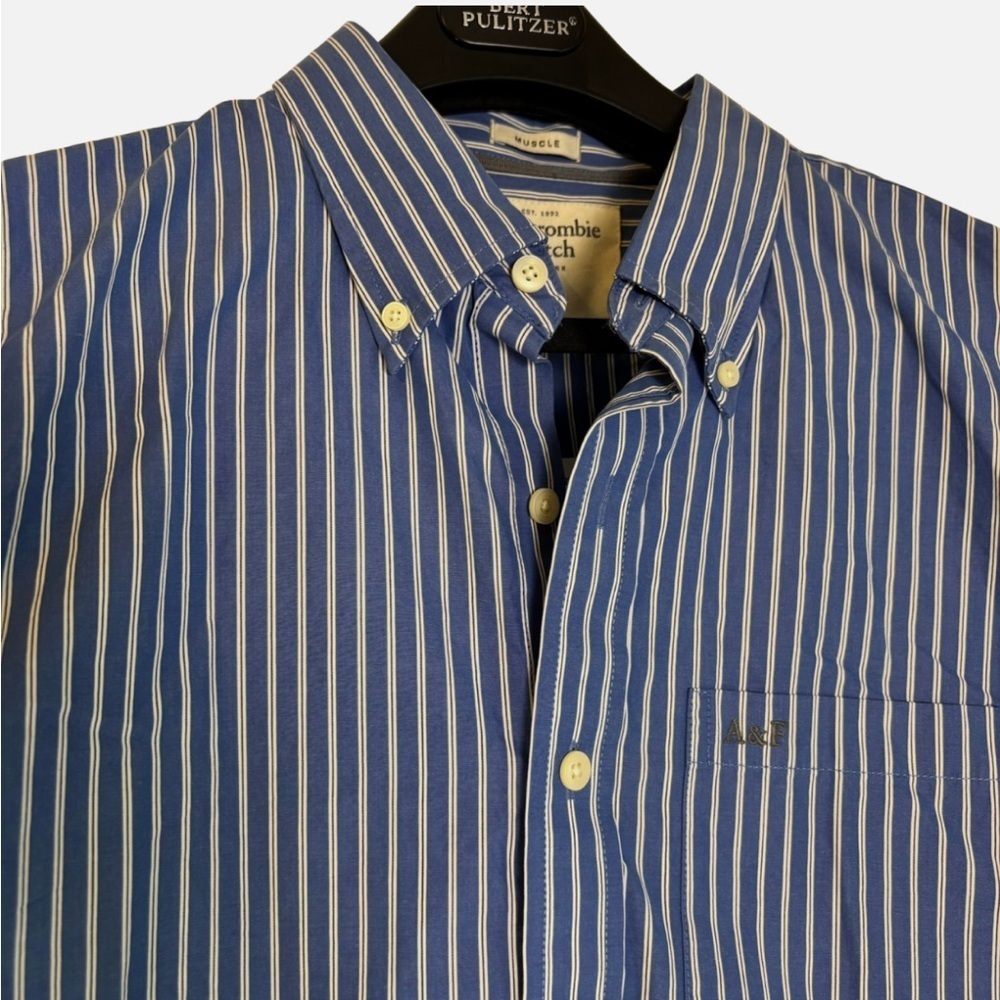 NEW A&F Men's Muscle Button Up Shirt XXL Blue White Striped Long Sleeve